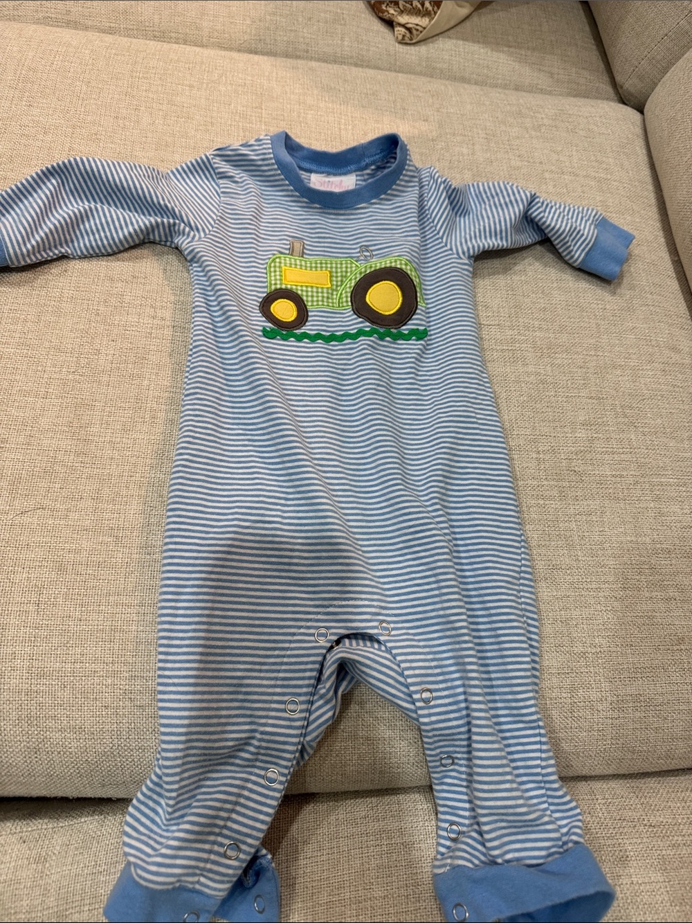 Stitchy Fish Blue Striped Tractor Footed One-Piece for Kids